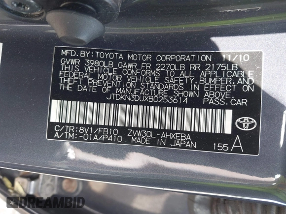 2011 Toyota Prius I with VIN JTDKN3DUXB0253614, listed as a IAAI auction lot 42206698 with 193,675 mi miles and . Bid and sale history available at DreamBid. Image 9.