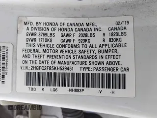 2019 Honda Civic Sedan Sport with VIN 2HGFC2F85KH539451, listed as a IAAI auction lot 42047385 with 312,478 mi miles. Bid and sale history available at carsss.com. Image 9.