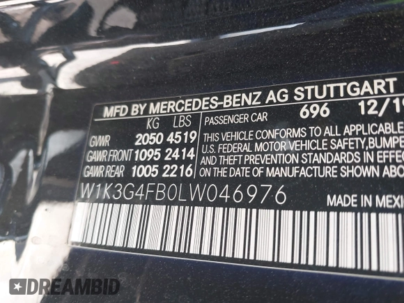 2020 Mercedes-Benz A 220 with VIN W1K3G4FB0LW046976, listed as a IAAI auction lot 42011233 with 12,879 mi miles and . Bid and sale history available at DreamBid. Image 9.