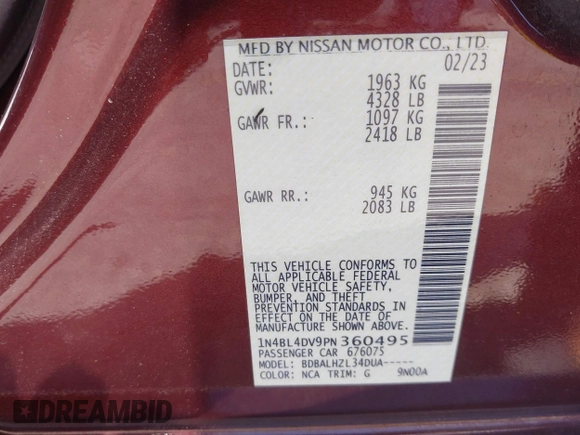 2023 Nissan Altima 2.5 SV with VIN 1N4BL4DV9PN360495, listed as a IAAI auction lot 42037083 with 56,788 mi miles. Bid and sale history available at carsss.com. Image 9.