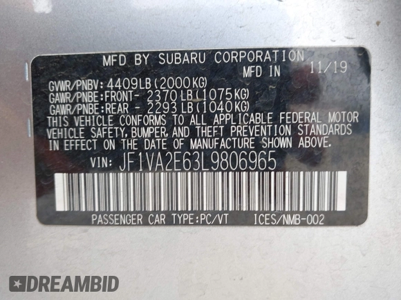2020 Subaru WRX STI with VIN JF1VA2E63L9806965, listed as a IAAI auction lot 42342839 with 106,863 mi miles and . Bid and sale history available at DreamBid. Image 9.