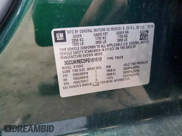 2015 Chevrolet Silverado 1500 LT with VIN 3GCUKREC5FG181510, listed as a Copart auction lot 52406535 with 95,422 mi miles and Salvage Title. Bid and sale history available at carsss.com. Image 12.