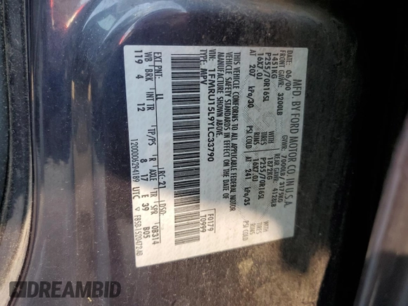 2000 Ford Expedition XLT with VIN 1FMRU15L9YLC33790, listed as a Copart auction lot 59720985 with Not provided miles and Salvage title. Bid and sale history available at DreamBid. Image 13.