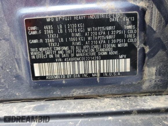 2014 Subaru Outback Limited with VIN 4S4BRDMC0E2214293, listed as a Copart auction lot 61061965 with 107,033 mi miles and Salvage title. Bid and sale history available at DreamBid. Image 12.