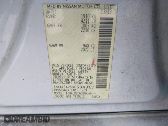 2013 Nissan Altima SV with VIN 1N4AL3AP8DN534967, listed as a IAAI auction lot 41827540 with 159,646 mi miles and . Bid and sale history available at carsss.com. Image 9.
