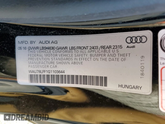 2016 Audi A3 2.0T Premium with VIN WAU78LFF1G1103644, listed as a Copart auction lot 68693694 with 59,398 mi miles and Salvage Title. Bid and sale history available at carsss.com. Image 12.