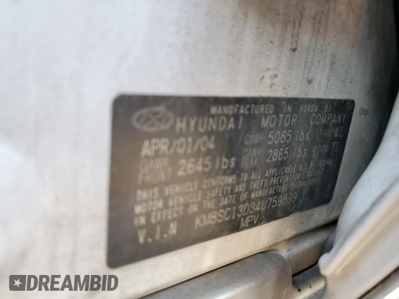 2004 Hyundai Santa Fe GLS with VIN KM8SC13D34U759899, listed as a Copart auction lot 85283734 with 85,297 mi miles and Salvage Title. Bid and sale history available at DreamBid. Image 13.