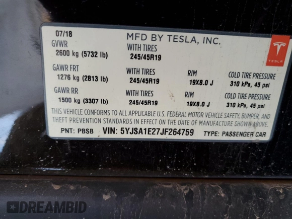 2018 Tesla Model S 75D with VIN 5YJSA1E27JF264759, listed as a Copart auction lot 59610855 with 104,375 mi miles and Salvage title. Bid and sale history available at DreamBid. Image 12.