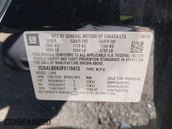 2015 Chevrolet Equinox LT z VIN 2GNALBEK9F6118413, wystawiony jako IAAI lot #42321968 z przebiegiem 96 525 mil mil oraz . Historia ofert i sprzedaży dostępna na DreamBid. Obrazek 9.