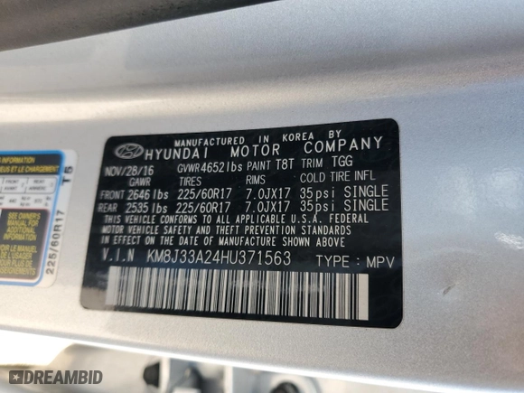 2017 Hyundai Tucson Value with VIN KM8J33A24HU371563, listed as a Copart auction lot 47053825 with 111,945 mi miles and Salvage Title. Bid and sale history available at carsss.com. Image 14.