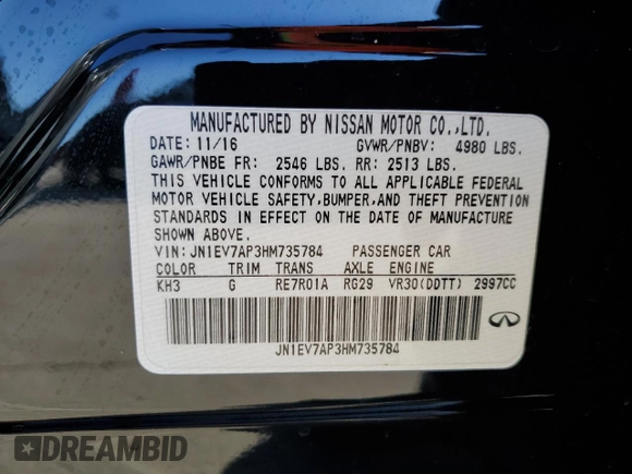 2017 Infiniti Q50 Signature Edition with VIN JN1EV7AP3HM735784, listed as a Copart auction lot 85597114 with 119,249 mi miles and Salvage Title. Bid and sale history available at DreamBid. Image 12.