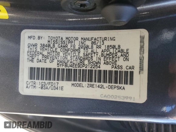 2013 Toyota Corolla L with VIN 5YFBU4EE9DP212254, listed as a Copart auction lot 53374405 with 107,413 mi miles and Salvage Title. Bid and sale history available at carsss.com. Image 12.
