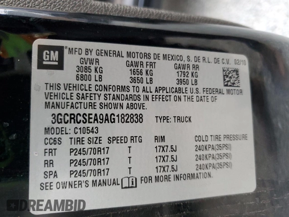 2010 Chevrolet Silverado 1500 LT with VIN 3GCRCSEA9AG182838, listed as a Copart auction lot 84895874 with 120,818 mi miles and Salvage Title. Bid and sale history available at DreamBid. Image 12.