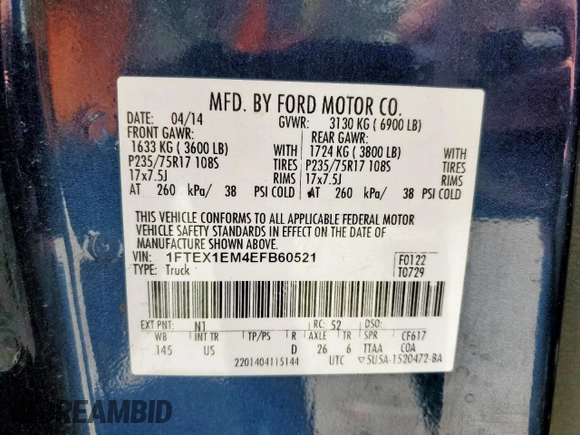 2014 Ford F-150 XL z VIN 1FTEX1EM4EFB60521, wystawiony jako Copart lot #52238995 z przebiegiem 211 070 mil mil oraz Czysty tytuł • Clean title. Historia ofert i sprzedaży dostępna na DreamBid. Obrazek 12.