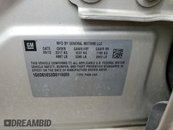 2013 Cadillac CTS Luxury with VIN 1G6DE5E53D0119089, listed as a Copart auction lot 59602055 with 91,036 mi miles and Clean title. Bid and sale history available at DreamBid. Image 12.