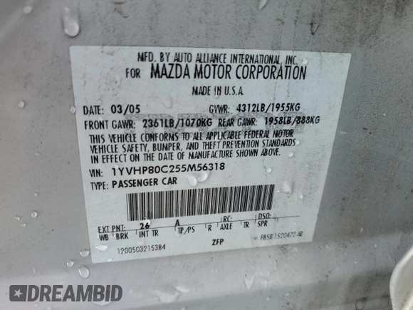2005 Mazda 6 Sport with VIN 1YVHP80C255M56318, listed as a Copart auction lot 45031055 with 135,146 mi miles and Salvage Title. Bid and sale history available at DreamBid. Image 12.