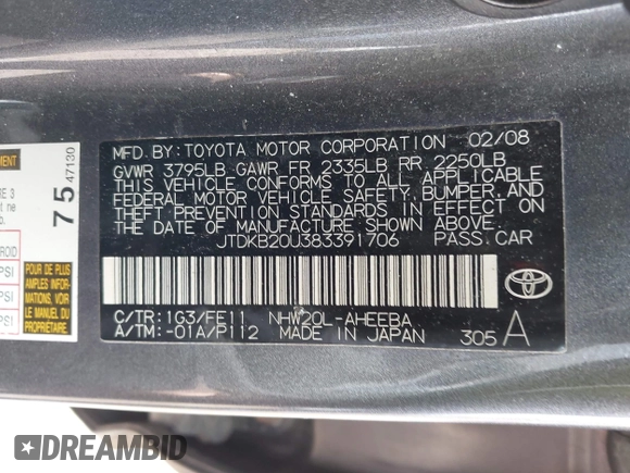 2008 Toyota Prius with VIN JTDKB20U383391706, listed as a IAAI auction lot 42096879 with 201,313 mi miles. Bid and sale history available at carsss.com. Image 9.