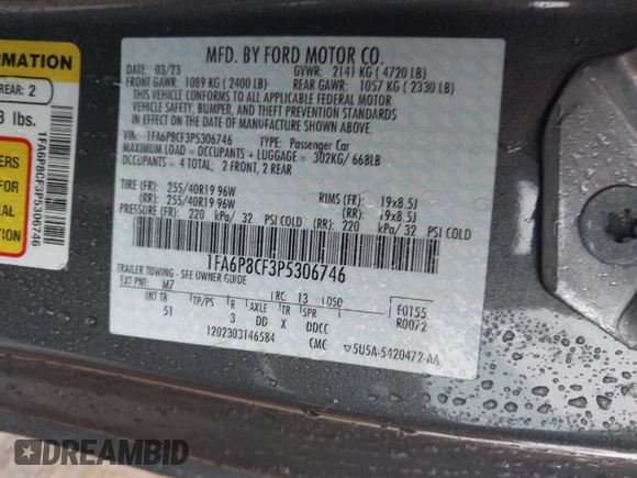 2023 Ford Mustang GT with VIN 1FA6P8CF3P5306746, listed as a IAAI auction lot 41497385 with 25 mi miles and . Bid and sale history available at DreamBid. Image 9.