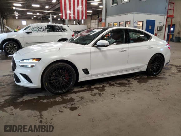 2022 Genesis G70 Launch Edition with VIN KMTG14TE6NU082327, listed as a Copart auction lot 83099774 with 33,479 mi miles and Salvage Title. Bid and sale history available at DreamBid. Image 1.