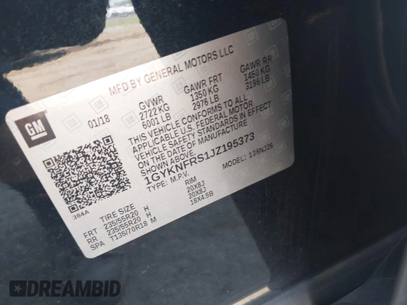 2018 Cadillac XT5 Premium Luxury AWD with VIN 1GYKNFRS1JZ195373, listed as a IAAI auction lot 42583745 with 64,978 mi miles and . Bid and sale history available at DreamBid. Image 9.