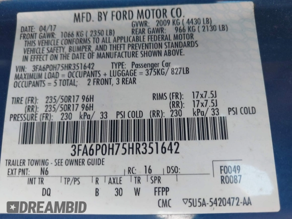 2017 Ford Fusion SE с VIN 3FA6P0H75HR351642, выставлен на аукционе IAAI как лот 40328059 с пробегом 95 647 миль миль и . История ставок и продаж доступна на DreamBid. Изображение 9.