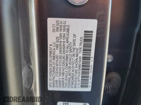 2021 Honda Ridgeline RTL z VIN 5FPYK3F50MB016439, wystawiony jako Copart lot #56114775 z przebiegiem 25 656 mil mil oraz Szkoda całkowita • Salvage title. Historia ofert i sprzedaży dostępna na DreamBid. Obrazek 12.
