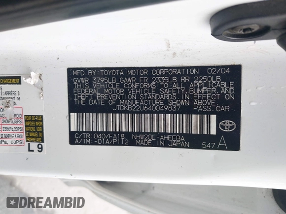 2004 Toyota Prius with VIN JTDKB22U640049837, listed as a IAAI auction lot 42033704 with 160,028 mi miles and . Bid and sale history available at DreamBid. Image 9.