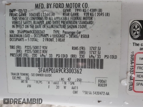 2012 Ford Fusion SEL with VIN 3FAHP0JA9CR300362, listed as a Copart auction lot 44960955 with 141,883 mi miles and Salvage Title. Bid and sale history available at carsss.com. Image 15.