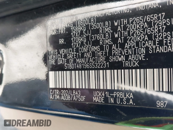 2006 Toyota Tundra Limited with VIN 5TBDT48196S532231, listed as a IAAI auction lot 41860757 with 342,482 mi miles and . Bid and sale history available at DreamBid. Image 9.