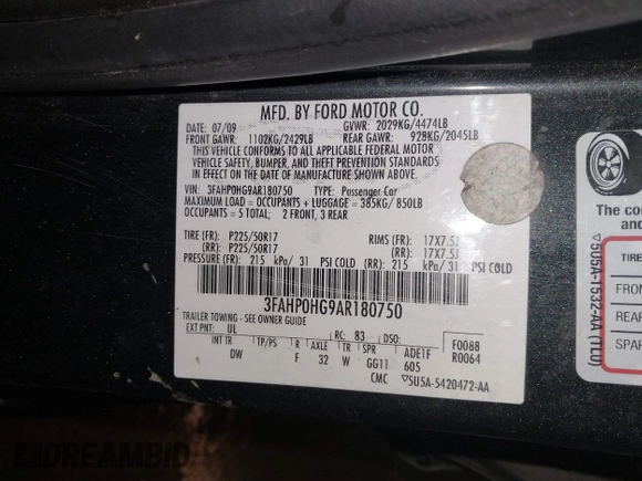 2010 Ford Fusion SE with VIN 3FAHP0HG9AR180750, listed as a IAAI auction lot 41482695 with 143,207 mi miles. Bid and sale history available at carsss.com. Image 9.