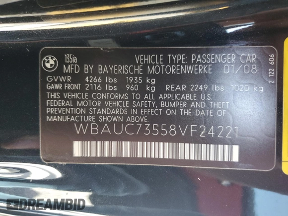2008 BMW 1 Series 135i with VIN WBAUC73558VF24221, listed as a Copart auction lot 77442894 with 147,335 mi miles and Clean Title. Bid and sale history available at carsss.com. Image 12.