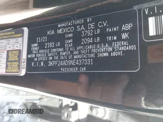 2022 Kia Forte LXS z VIN 3KPF24AD9NE437331, wystawiony jako IAAI lot #41875582 z przebiegiem 41 171 mil mil oraz . Historia ofert i sprzedaży dostępna na DreamBid. Obrazek 9.