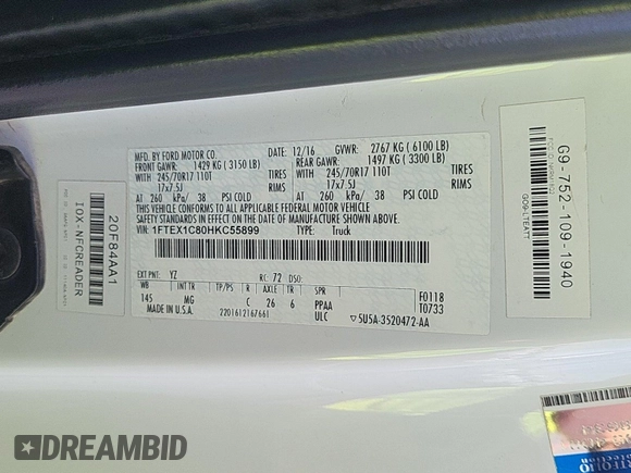 2017 Ford F-150 XL with VIN 1FTEX1C80HKC55899, listed as a IAAI auction lot 42714227 with 224,584 mi miles and . Bid and sale history available at DreamBid. Image 60.