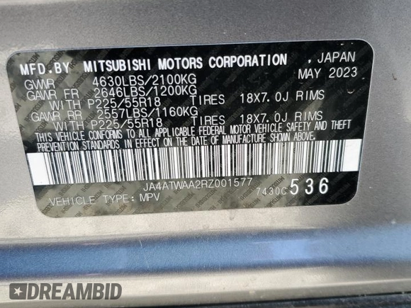 2024 Mitsubishi Eclipse Cross SE with VIN JA4ATWAA2RZ001577, listed as a Copart auction lot 55616425 with 24,473 mi miles and Salvage title. Bid and sale history available at DreamBid. Image 13.