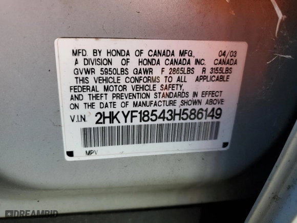 2003 Honda Pilot EX with VIN 2HKYF18543H586149, listed as a Copart auction lot 85657484 with 167,318 mi miles and Clean Title. Bid and sale history available at carsss.com. Image 13.