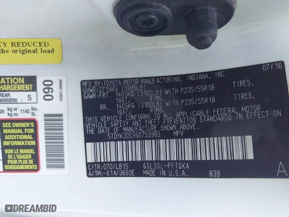 2016 Toyota Sienna XLE with VIN 5TDYK3DC9GS759983, listed as a IAAI auction lot 40859938 with 120,066 mi miles. Bid and sale history available at carsss.com. Image 9.