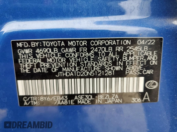 2022 Lexus IS 300 z VIN JTHDA1D20N5121281, wystawiony jako Copart lot #50661515 z przebiegiem 40 188 mil mil oraz Szkoda całkowita • Salvage title. Historia ofert i sprzedaży dostępna na DreamBid. Obrazek 13.