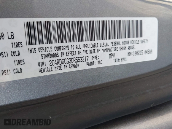 2013 Dodge Grand Caravan SXT with VIN 2C4RDGCG3DR553217, listed as a IAAI auction lot 41898964 with 101,989 mi miles and . Bid and sale history available at DreamBid. Image 9.