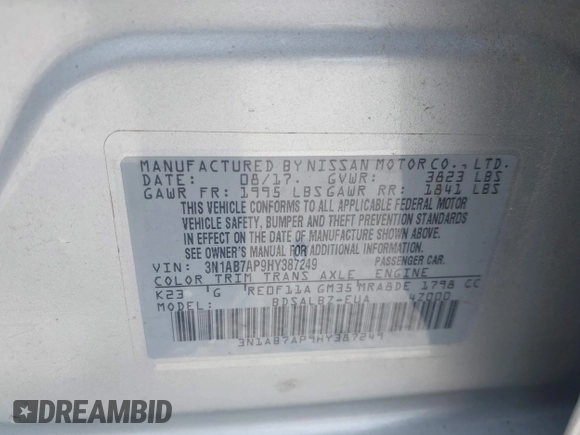 2017 Nissan Sentra S с VIN 3N1AB7AP9HY387249, выставлен на аукционе IAAI как лот 42263870 с пробегом 164 281 миль миль и . История ставок и продаж доступна на DreamBid. Изображение 9.