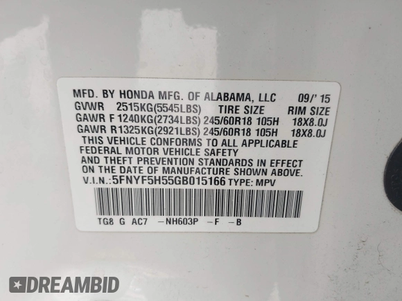 2016 Honda Pilot EX-L with VIN 5FNYF5H55GB015166, listed as a IAAI auction lot 42003009 with 142,488 mi miles and . Bid and sale history available at DreamBid. Image 9.