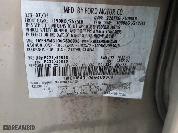 2006 Mercury Montego Premier with VIN 1MEHM43106G600308, listed as a Copart auction lot 48999065 with 93,459 mi miles and Salvage Title. Bid and sale history available at carsss.com. Image 14.