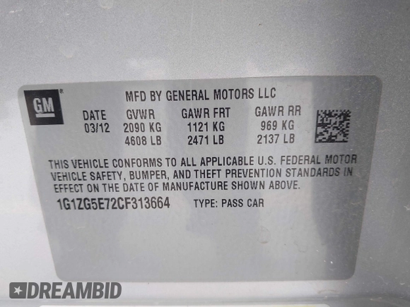 2012 Chevrolet Malibu LTZ with VIN 1G1ZG5E72CF313664, listed as a IAAI auction lot 42055669 with 97,053 mi miles and . Bid and sale history available at DreamBid. Image 9.