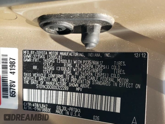 2013 Toyota Sienna XLE AAS с VIN 5TDYK3DC6DS322289, выставлен на аукционе Copart как лот 54626135 с пробегом 131 203 миль миль и Списание • Salvage title. История ставок и продаж доступна на DreamBid. Изображение 13.
