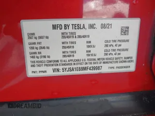 2021 Tesla Model S Plaid z VIN 5YJSA1E69MF439987, wystawiony jako IAAI lot #42496725 z przebiegiem 25 mil mil oraz . Historia ofert i sprzedaży dostępna na DreamBid. Obrazek 9.