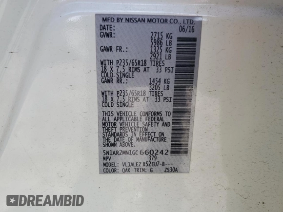 2016 Nissan Pathfinder S with VIN 5N1AR2MN1GC660242, listed as a Copart auction lot 51994375 with 115,084 mi miles and Salvage Title. Bid and sale history available at carsss.com. Image 16.
