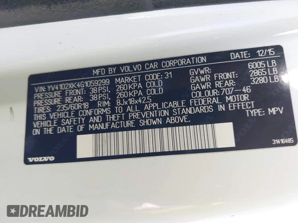 2016 Volvo XC90 Momentum with VIN YV4102XK4G1059299, listed as a IAAI auction lot 41749794 with 76,439 mi miles and . Bid and sale history available at DreamBid. Image 9.