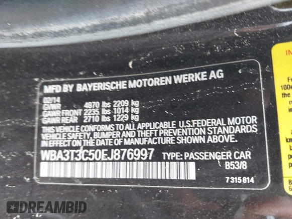 2014 BMW 4 Series 435i with VIN WBA3T3C50EJ876997, listed as a IAAI auction lot 42406299 with 115,048 mi miles and . Bid and sale history available at DreamBid. Image 9.