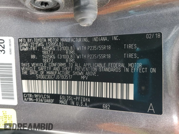 2018 Toyota Sienna XLE z VIN 5TDDZ3DC7JS193517, wystawiony jako Copart lot #53565945 z przebiegiem 111 498 mil mil oraz Szkoda całkowita • Salvage title. Historia ofert i sprzedaży dostępna na DreamBid. Obrazek 14.