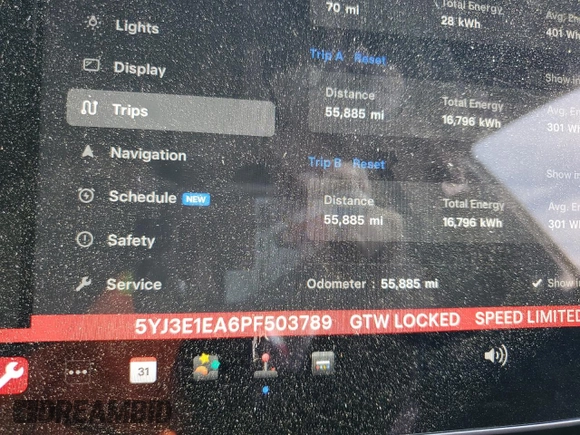 2023 Tesla Model 3 with VIN 5YJ3E1EA6PF503789, listed as a Copart auction lot 88225605 with 55,885 mi miles and Salvage Title. Bid and sale history available at carsss.com. Image 9.