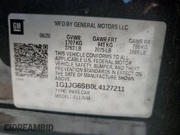 2020 Chevrolet Sonic LT with VIN 1G1JG6SB0L4127211, listed as a Copart auction lot 55965005 with 166,546 mi miles and Clean Title. Bid and sale history available at DreamBid. Image 12.